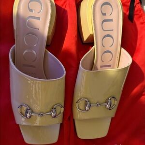 Gucci Women's Yellow Patent Mules with Silver Detail